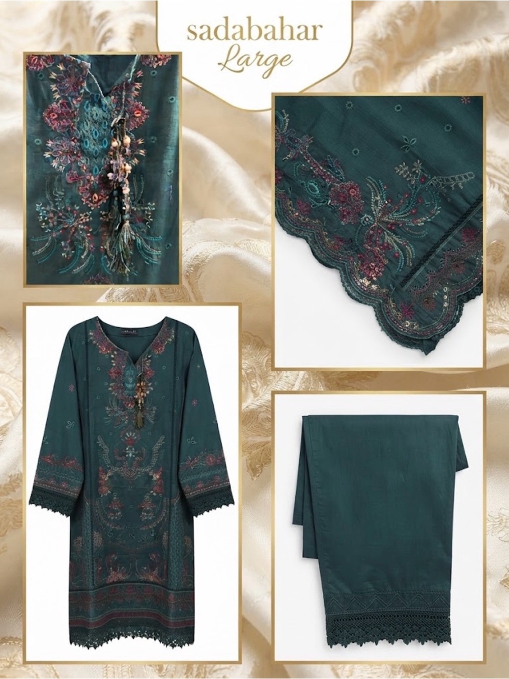 Large Teal Embroidered Kurta suit with Tassels by Sadabahar